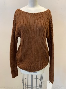 VINCE, Brown, Wool, Polyamide, Solid, Long Sleeves, Pullover, Wide Neck