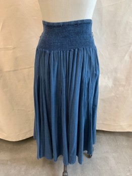 Womens, Skirt, Long, SCULLY, Denim Blue, Cotton, Solid, W28-32, M, Smocked Waist, Gathered at Smocking