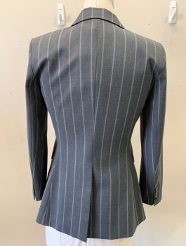 THEORY, Gray, Lt Gray, Wool, Elastane, Stripes - Vertical , Single Breasted, 1 Button, Narrow Peaked Lapel, 3 Pockets,
