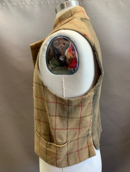 Mens, Historical Fiction Vest, WESTERN COSTUME, Tan Brown, Red, Brown, Wool, Plaid, 40, Double Breasted, Silver Buttons, Stand Collar, 2 Pockets, Mushroom Colored Slubbed Cotton Back, Aged