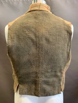 WESTERN COSTUME, Tan Brown, Red, Brown, Wool, Plaid, Double Breasted, Silver Buttons, Stand Collar, 2 Pockets, Mushroom Colored Slubbed Cotton Back, Aged