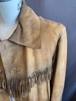 Mens, Historical Fiction Jacket, MTO, Lt Brown, Suede, Solid, 42, Early 1800s Hip Length, Single Breasted, 6 Buttons, C.A., Fringe at Front Yoke and Sleeve Seams, 2 Flap Pocket, Wood Buttons, Lightly Aged, Partial Lining
