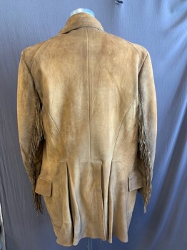 Mens, Historical Fiction Jacket, MTO, Lt Brown, Suede, Solid, 42, Early 1800s Hip Length, Single Breasted, 6 Buttons, C.A., Fringe at Front Yoke and Sleeve Seams, 2 Flap Pocket, Wood Buttons, Lightly Aged, Partial Lining