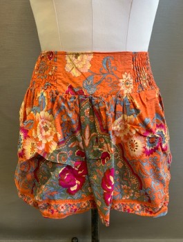 HOT & DELICIOUS, Red-Orange, Magenta Pink, Slate Blue, Sage Green, Cotton, Floral, Abstract , Dropped Waist, Elastic Smocking At Sides And Back, Gathered, 2 Side Pockets