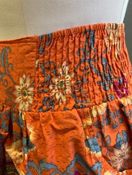 HOT & DELICIOUS, Red-Orange, Magenta Pink, Slate Blue, Sage Green, Cotton, Floral, Abstract , Dropped Waist, Elastic Smocking At Sides And Back, Gathered, 2 Side Pockets
