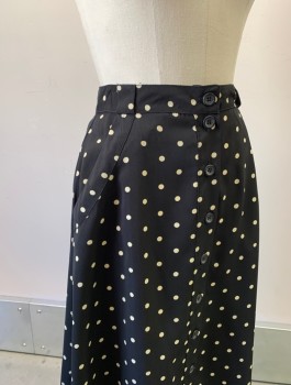 N/L, Black, Cream, Polyester, Polka Dots, A-Line, Buttons Down CF, 2 Pockets, Thick Belt Loops at Waistband