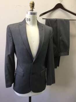 EGARA, Gray, Wool, Solid, Single Breasted, Collar Attached, Peaked Lapel, 3 Pockets, 2 Buttons