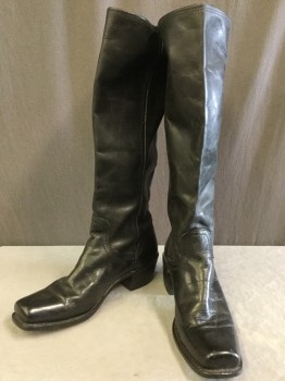 Womens, Cowboy Boots, FRYE, Black, Leather, Solid, 8, Square Toe, Knee High