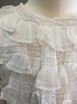 Childrens, Shirt 1890s-1910s, N/L, White, Cotton, Solid, Ch: 26, Girl's Blouse/Bodice - Very Lightweight/Sheer Cotton, Horizontal Ruffles with Lace Trim and Lace Insets, Long Sleeves, with Ruffle Cap Oversleeve Detail At Shoulders, Square Neck, Opaque Medium Weight Cotton Inside Structure with Boning Built In, Hook and Eye Closures In Back, Genune Vintage Turn Of The Century