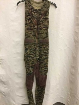 Womens, Sci-Fi/Fantasy Jumpsuit, N/L, Olive Green, Brown, Tan Brown, Spandex, Camouflage, Color Blocking, Sleeveless, Zip Front, Camo W/Brown Ribbed Panels At Waist, Knees/Crotch, 2 Zip Pockets At Bust, & 2 At Side Hips, Racer Back, Ankle Length