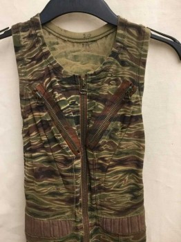 Womens, Sci-Fi/Fantasy Jumpsuit, N/L, Olive Green, Brown, Tan Brown, Spandex, Camouflage, Color Blocking, Sleeveless, Zip Front, Camo W/Brown Ribbed Panels At Waist, Knees/Crotch, 2 Zip Pockets At Bust, & 2 At Side Hips, Racer Back, Ankle Length