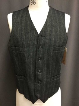 Mens, 1920s Vintage, Suit, Vest, PAUL CHANG'S, Charcoal Gray, Gray, Wool, Cotton, Herringbone, Stripes - Pin, 40, Alternating Group Stripes Of Teal And White, V-N, 4 Pockets, 6 Buttons, Cotton Back with Waist Belt