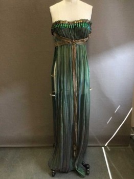 Womens, Sci-Fi/Fantasy Dress, NO LABEL, Green, Gold, Silk, Solid, 28 B, Wrinkle Pleated Chiffon, Strapless With Green Beetle Wings, Sheer, Open Sides, Gold Sheer Ribbon Bow At Waist, Weighted Hem.  Hook & Eye Side Closure.  ** WITH Gold Thong Bikini Bottom W/ 2 Panels CF/CB To Ankle