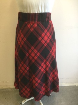 LAURA SCOTT, Red, Black, Polyester, Rayon, Plaid, 2.5" Wide Elastic Waist, A-Line, Hem Below Knee, Invisible Zipper at Side
