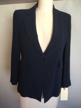 EMPORIO ARMANI, Navy Blue, Acetate, Polyester, 1 Button, Single Breasted, 2 Flap Pockets, Lined
