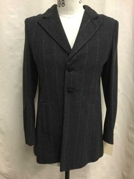 Mens, Jacket 1890s-1910s, NO LABEL, Gray, Black, Wool, Geometric, 36R, 2 Button Closure, 2 Pockets, Side Vents,