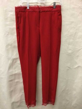 The Kooples, Red, Polyester, Solid, Red Lace Trim at Waist and Cuffs, Slim Leg
