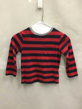 Childrens, Top, Baby Gap, Red, Navy Blue, Gray, Cotton, Stripes, 5, Long Sleeves, Crew Neck, Pocket, Gray Rib Neck