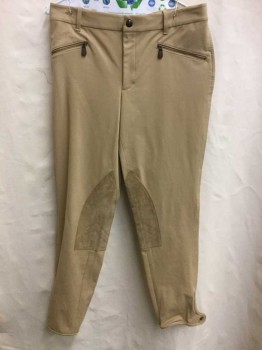 Mens, Jodhpurs/Equestrian Pants, RALPH LAUREN, Tan Brown, Polyester, Suede, Solid, W:32, Rib Knit, Flat Front, Zip Fly, 2 Zip Pockets At Hips, Suede Patches At Inner Legs, Snap Closure At Leg Openings