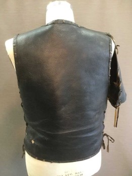 Mens, Historical Fict. Breastplate , MTO, Dk Brown, Brass Metallic, Leather, Solid, L, Solid Leather Front and Back, Brass Stud Trim, Lace Shoulders/Sides, Hole In Back Panel, Right Leather Armband Laced