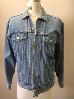 Mens, Jean Jacket, GENUINE HOUSTON, Lt Blue, Cotton, Solid, M, Button Front, Collar Attached, Long Sleeves, 4 Pockets, Pleated Back, Back Side Waist Button Tabs