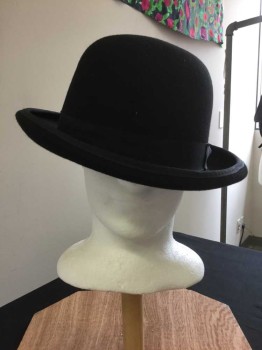Mens, Bowler/Derby , J HATS, Black, Wool, Solid, 60cm, Black Gross Grain Ribbon Hat Band, See Photo Attached,