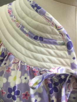 Womens, Housedress, FUNDAMENTAL, Lavender Purple, Lt Pink, White, Lt Green, Yellow, Cotton, Polyester, Floral, L, Lavender with Pastel Floral Pattern, Solid White Quilted Detail at Cuffs and Rounded Yoke at Neck, Short Sleeves, Snap Front, 2 Patch Pockets at Hips, Attached Self Fabric Strings to Tie Bow at Center Front Neck, Hem Below Knee