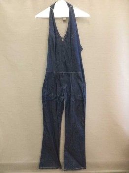 Womens, Overalls, CHARLOTTE RUSSE, Dk Blue, Cotton, Spandex, Solid, M, Halter Top, Zip Front, Stretch, Princess Seams