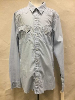 QUICKSILVER, Baby Blue, Lt Gray, Polyester, Cotton, Solid, Novelty Pattern, Baby Blue with Lt Gray Novelty Print Yolk & Trim, Button Front, Collar Attached, Long Sleeves, 2 Flap Pockets