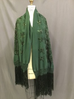 Womens, Shawl 1890s-1910s, N/L, Forest Green, Rayon, Solid, Floral, 40", 24", Heavy Drape, Excellent Fringe, Large Piano Shawl,