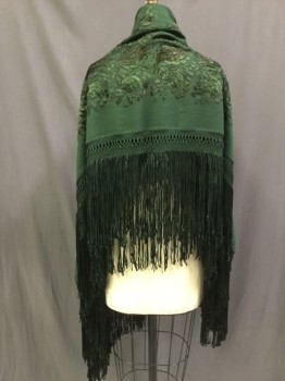 N/L, Forest Green, Rayon, Solid, Floral, Heavy Drape, Excellent Fringe, Large Piano Shawl,