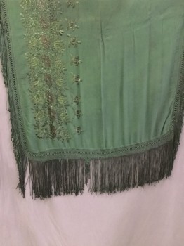 N/L, Forest Green, Rayon, Solid, Floral, Heavy Drape, Excellent Fringe, Large Piano Shawl,