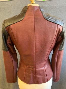 MTO, Red Burgundy, Black, Leather, Color Blocking, Solid, Made To Order, Burgundy Leather, Black Woven Imprinted Shoulder Detail, Zip Front, Zip Pockets, Zip Arms