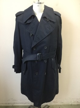 Mens, Coat, Trenchcoat, YOUNG GENTRY, Navy Blue, Cotton, Polyester, 40R, Double Breasted, Flap Pockets, Self Belt, Epaulets, Storm Patch, Plaid Lining with Button in Wool Lining,