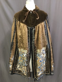 Womens, Sci-Fi/Fantasy Cape, N/L, Brown, Black, White, Navy Blue, Gold, Silk, Rayon, Floral, Velvet Yoke, Shawl Lapel, Hook & Eyes Center Front, Rope Around Neck. Jacquard with Elaborate Embroidery. Disintegrating Floral Ribbon and Black Poly Ribbon, Applique, Slit in Collar, Repairs Left Shoulder Front and Back Yoke, Historical Fantasy