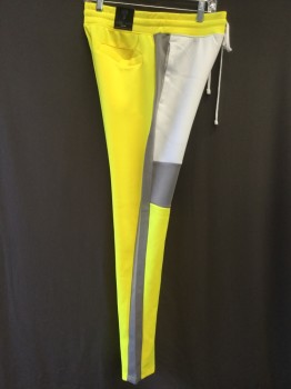 REBEL MINDS, Neon Yellow, White, Gray, Polyester, Spandex, Solid, Color Blocking, Tracksuit, Drawstring Waist, 3 Pockets, Ankle Zip, Tapered, Pull On, Geometric Paneling
