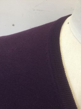 BROOKS BROTHERS, Aubergine Purple, Wool, Solid, Knit, Pullover, V-neck