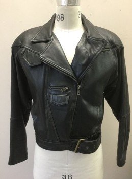 FOXRUN, Black, Leather, Solid, Motorcycle Jacket, Off Center Zip Front, 2 Pockets, Padded Shoulders, Self Belt Attached at Waist
