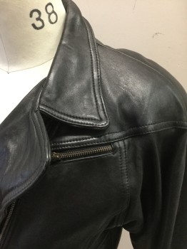 FOXRUN, Black, Leather, Solid, Motorcycle Jacket, Off Center Zip Front, 2 Pockets, Padded Shoulders, Self Belt Attached at Waist