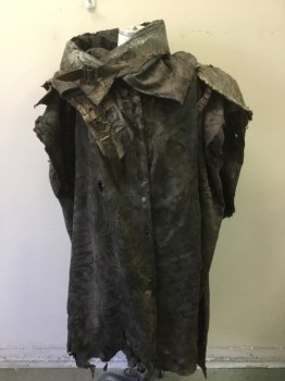 MTO, Gray, Olive Green, Brown, Cotton, Leather, Floral, Poncho, Mixed Media, Aged/Distressed,  Cowl Collar, Asymmetrical Shoulder Pad, Open Front and Sides with Snap Closures