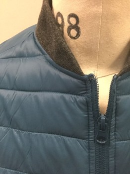 ARIZONA, Blue, Gray, Nylon, Polyester, Solid, Blue Horizontally Quilted Nylon Puffer, Gray Rib Knit Neck, Cuffs and Waist, Zip Front