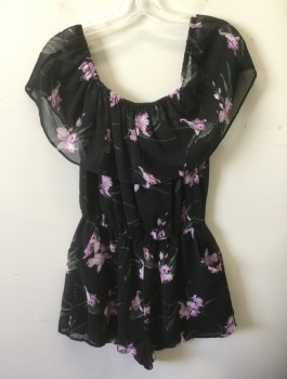 Womens, Romper, BB DAKOTA, Black, Lavender Purple, Moss Green, Polyester, Floral, M, Chiffon, Sleeveless with Large Round Collar That Forms a Cap Sleeve, Elastic Scoop Neck, Elastic Waist, 2 Side Pockets