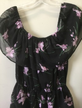 Womens, Romper, BB DAKOTA, Black, Lavender Purple, Moss Green, Polyester, Floral, M, Chiffon, Sleeveless with Large Round Collar That Forms a Cap Sleeve, Elastic Scoop Neck, Elastic Waist, 2 Side Pockets