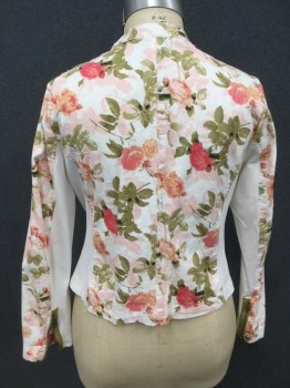 LANE BRYANT, White, Baby Pink, Olive Green, Pink, Cotton, Spandex, Floral, Asymmetrical Zip Front, Band Collar with Snap Tab Closure, 3 Zip Pockets, Solid White Knit Undersleeve Panel and Side Panels, Zip Sleeve Openings