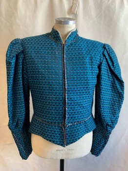 Mens, Historical Fiction Piece 1, MTO/ WESTERN COSTUME, Iridescent Blue, Black, Synthetic, Geometric, Ch 38, Triangle/Arrow Pattern with Silver/Blue/Green Metallic Circles, Hook & Eye Front, Stand Collar with Silver Braided Ribbon Trim, Rectangular Beaded Detail, Peplum, Long Sleeves, Pleated Shoulders with Padding, Tapered at Lower Arm with Stripes of Rectangle Beads, Snap Sleeve Closure Historical Fantasy *Brown Stain on Back, Stain on Left Sleeve, Beading Beginning to Pull Away*