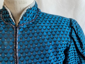 Mens, Historical Fiction Piece 1, MTO/ WESTERN COSTUME, Iridescent Blue, Black, Synthetic, Geometric, Ch 38, Triangle/Arrow Pattern with Silver/Blue/Green Metallic Circles, Hook & Eye Front, Stand Collar with Silver Braided Ribbon Trim, Rectangular Beaded Detail, Peplum, Long Sleeves, Pleated Shoulders with Padding, Tapered at Lower Arm with Stripes of Rectangle Beads, Snap Sleeve Closure Historical Fantasy *Brown Stain on Back, Stain on Left Sleeve, Beading Beginning to Pull Away*
