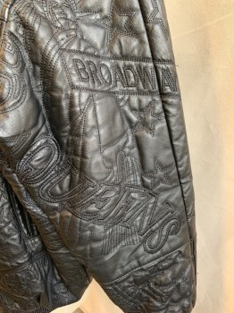 EAST SIDE, Black, Leather, Solid, New York City Themed Quilting, Zip Front, Ribbed Leather Bomber Collar, Ribbed Leather Waistband/Cuff