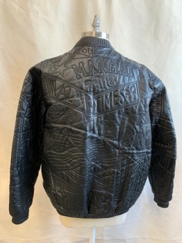 EAST SIDE, Black, Leather, Solid, New York City Themed Quilting, Zip Front, Ribbed Leather Bomber Collar, Ribbed Leather Waistband/Cuff