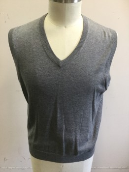 BROOKS BROTHERS, Gray, Cotton, Solid, V-neck, Ribbed Knit Neck/Armholes/Waistband