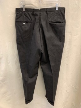 Mens, 1960s Vintage, Suit, Pants, ANDERSON LITTLE, Charcoal Gray, White, Wool, Stripes - Pin, Flat Front, Zip Fly, 4 Pockets, Belt Loops, Split Center Back Waistband, Cuffed,